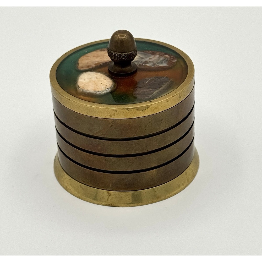 Vintage Brass Trinket Box with Stone Inlaid Lid Stepped Banded Design Acorn